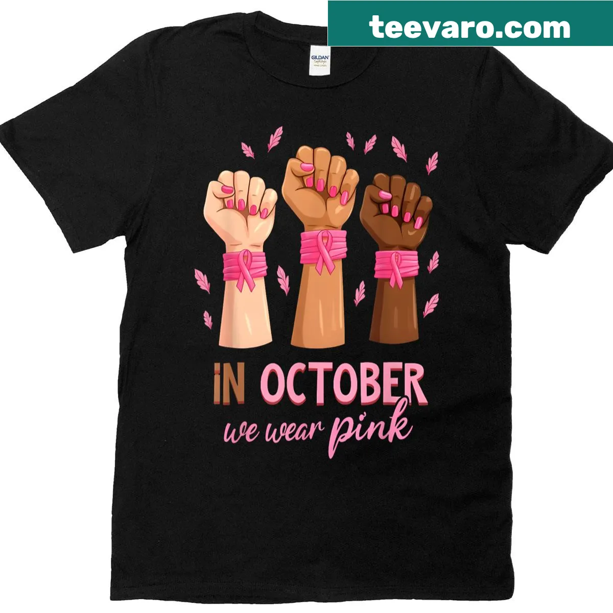 Breast cancer awareness T-shirt featuring 'In October We Wear Pink' message — on a men's t-shirt