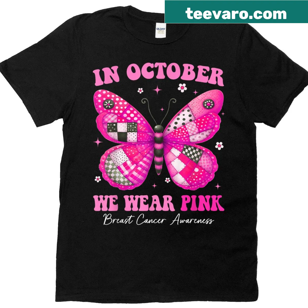 Breast Cancer Awareness T-shirt with a butterfly and pink theme. — on a men's t-shirt