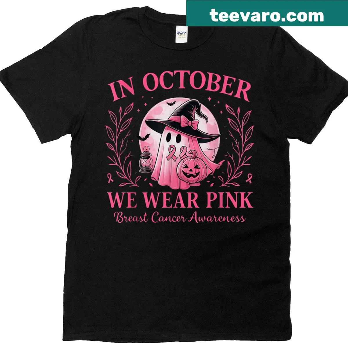 Ghost witch Halloween shirt promoting breast cancer awareness — on a men's t-shirt