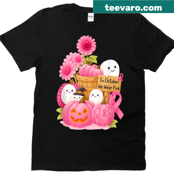 Halloween T-shirt with pink ghosts and pumpkins for breast cancer awareness