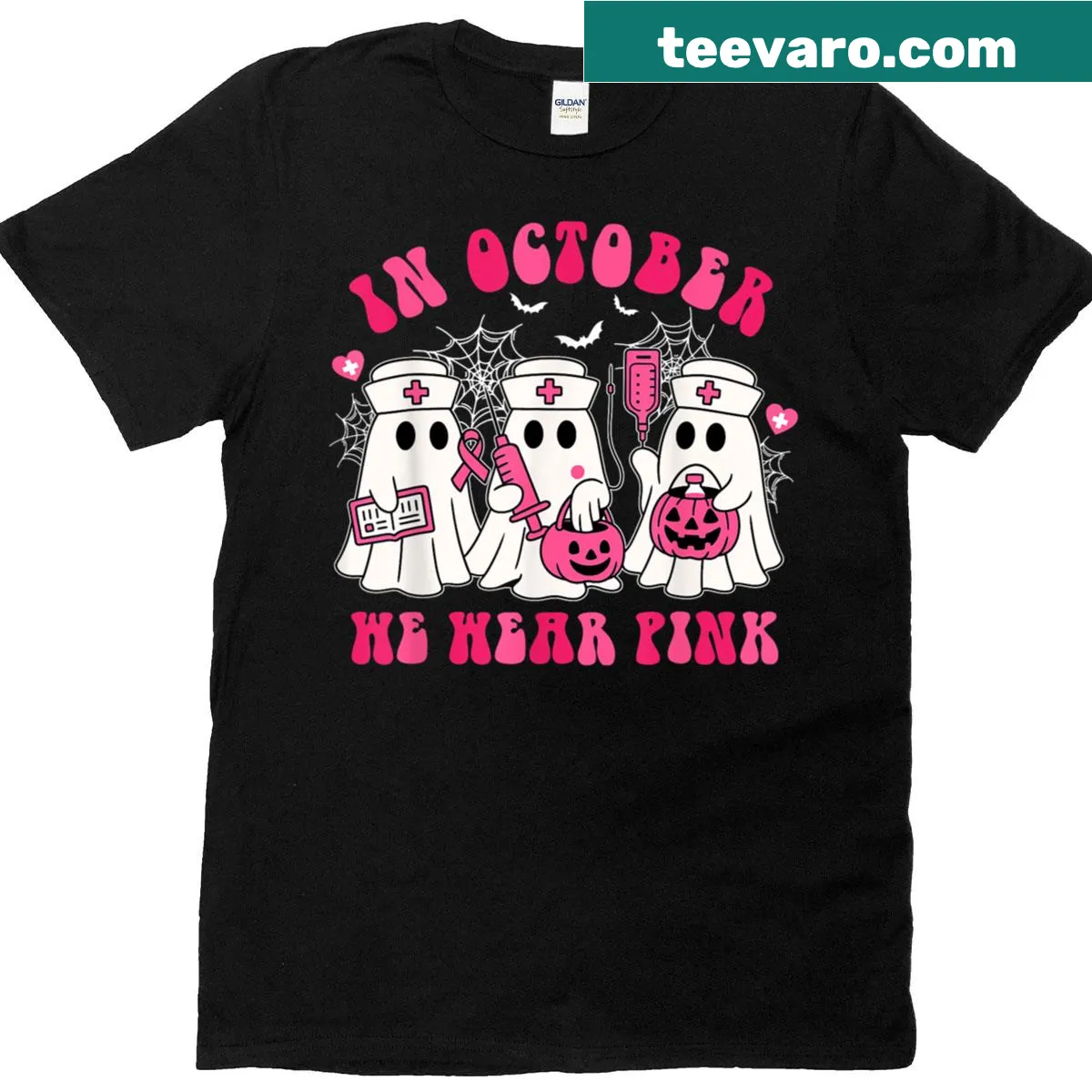Halloween t-shirt featuring a ghost and pink ribbon for breast cancer awareness — on a men's t-shirt