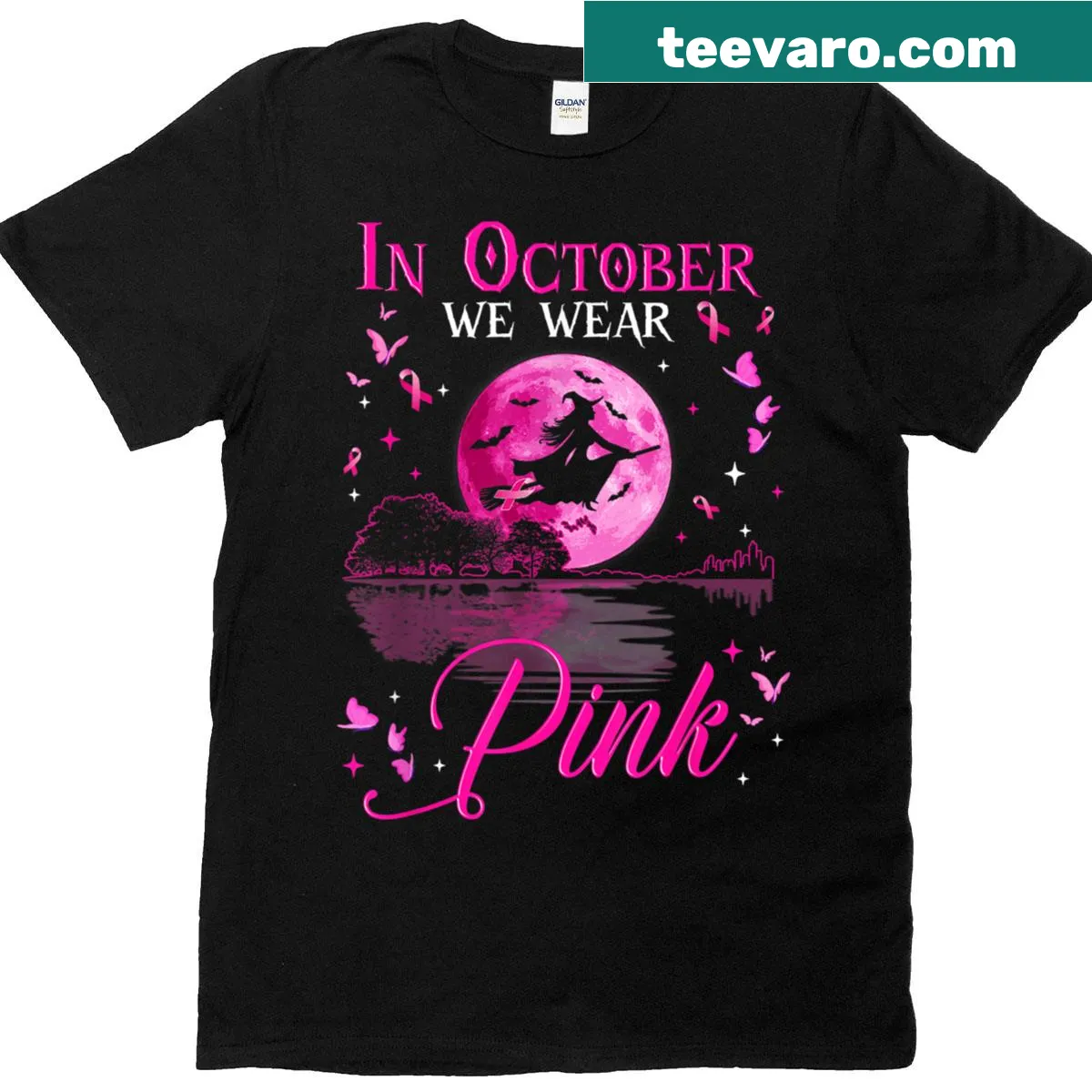 Witch graphic with pink ribbon for breast cancer awareness — on a men's t-shirt