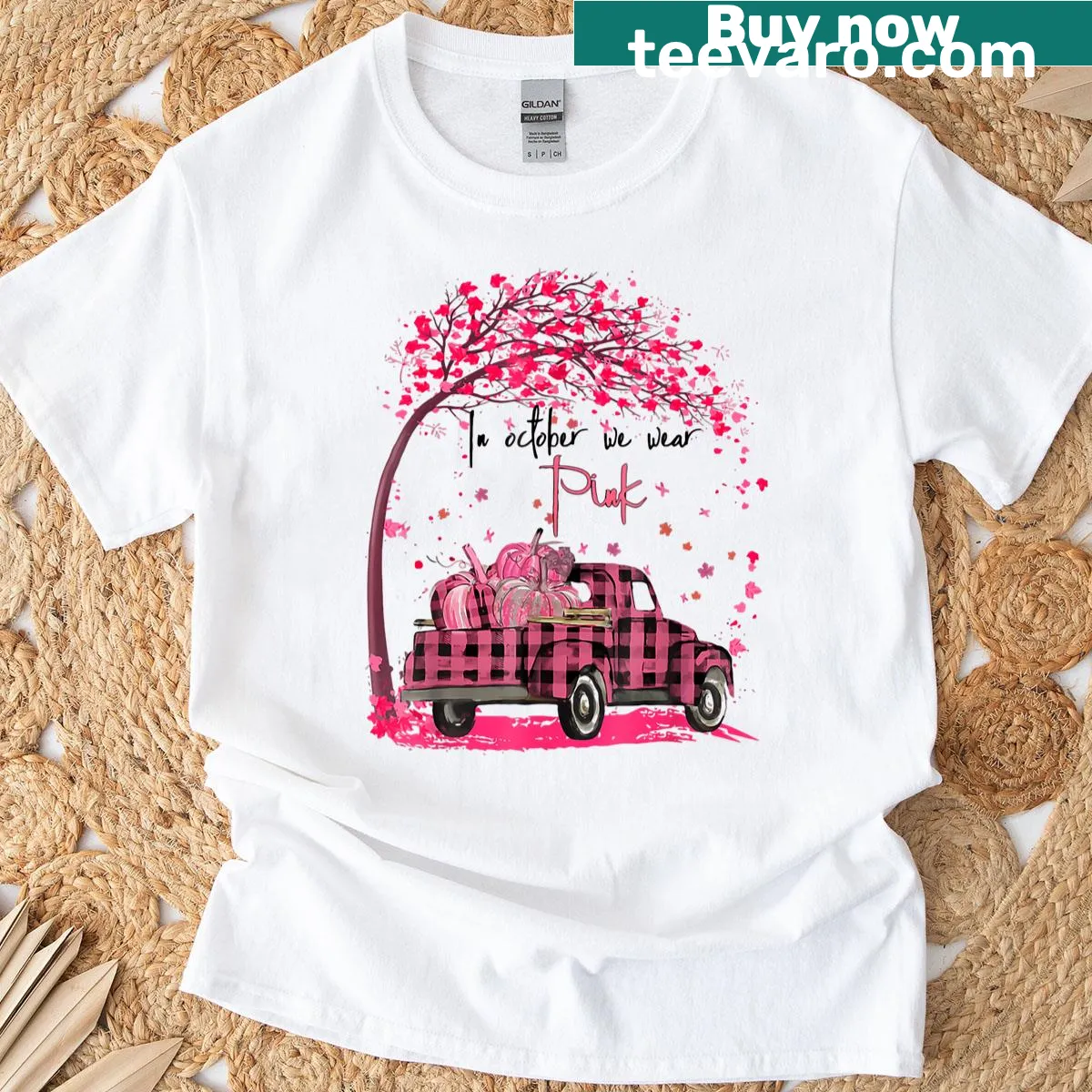 Halloween t-shirt with pink truck and pumpkins for breast cancer awareness — on a men's t-shirt