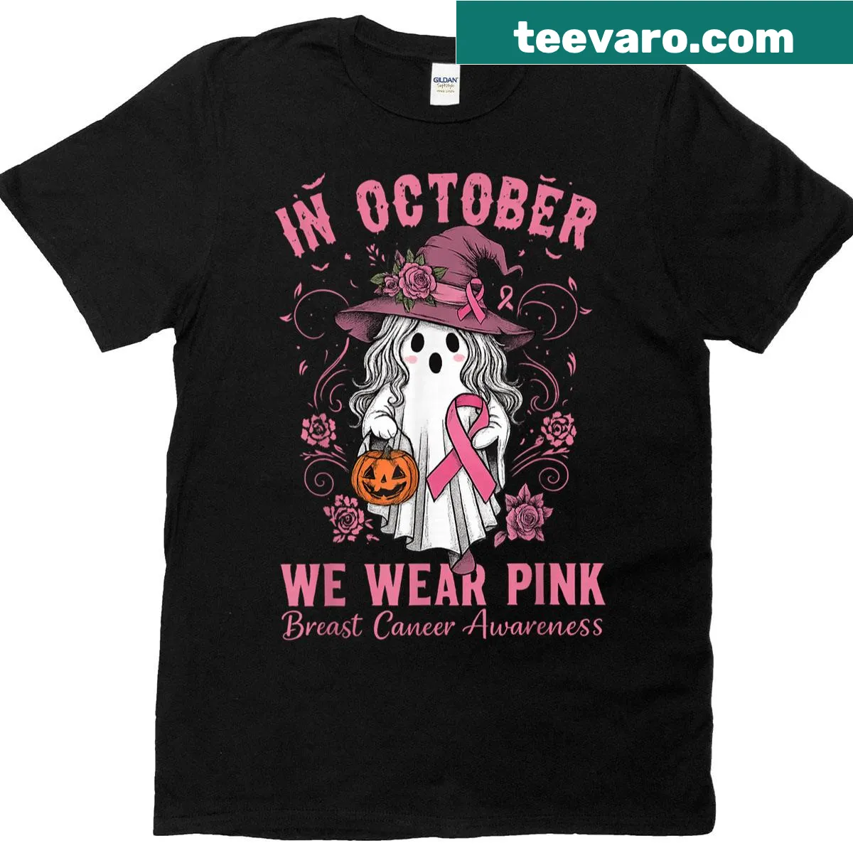 Halloween T-shirt featuring a witch and pink ribbon for breast cancer awareness — on a men's t-shirt