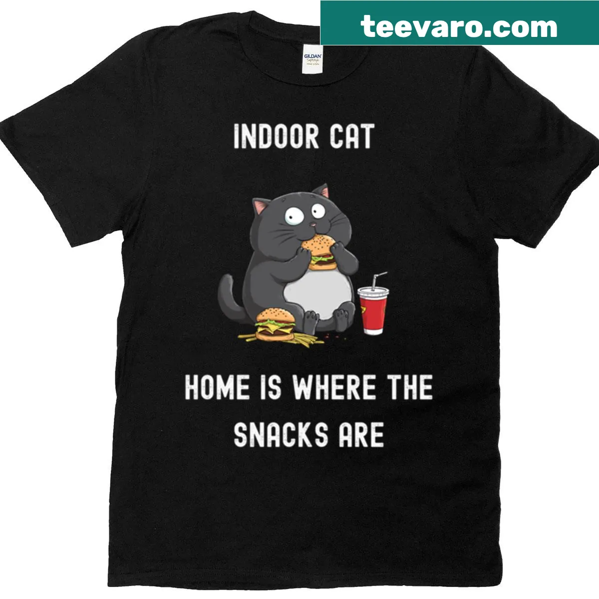Funny oversized T-shirt about indoor cats and snacks — on a men's t-shirt