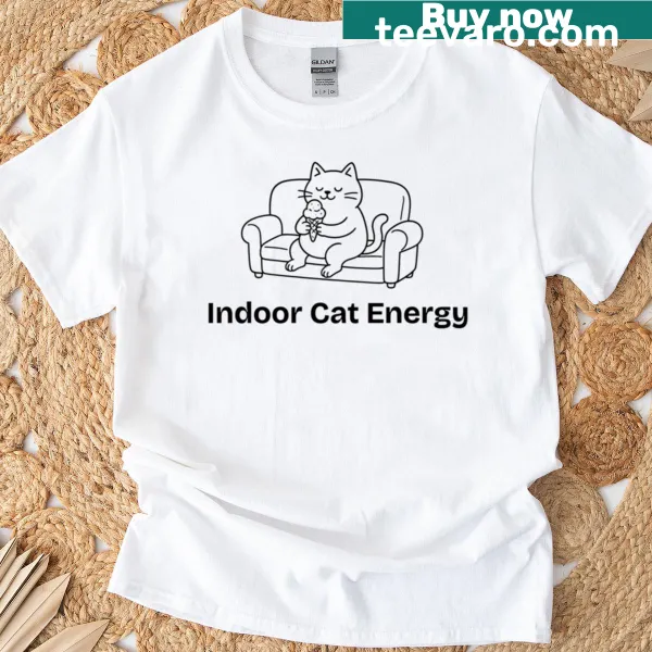 T-shirt celebrating indoor cats with an illustrated design