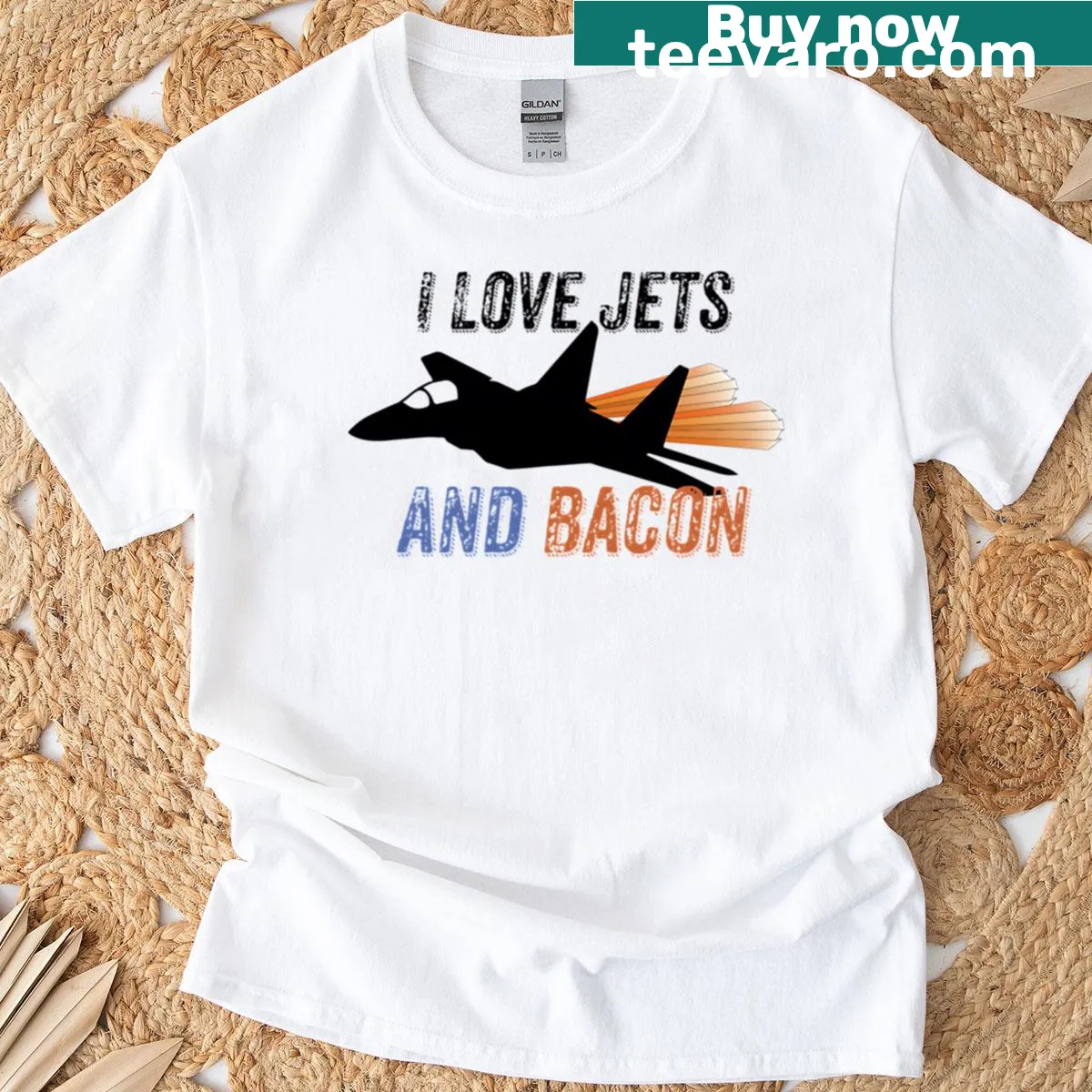 T-shirt featuring a playful graphic of jets and bacon — on a men's t-shirt