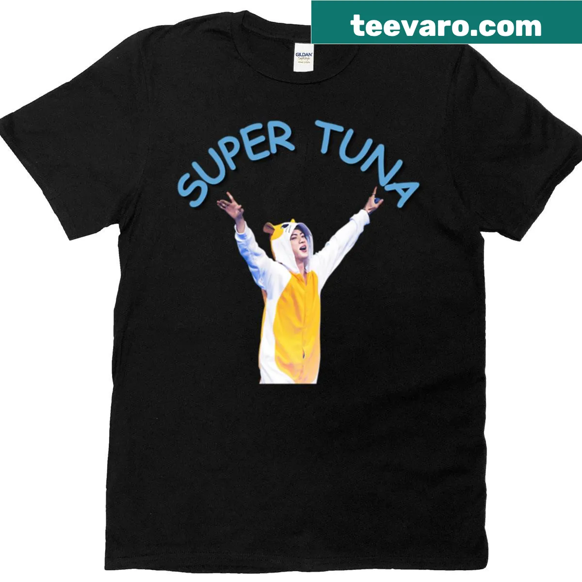 Cute K-pop concert merch T-shirt with Super Tuna and hamster graphic — on a men's t-shirt
