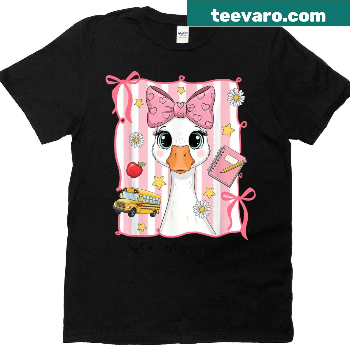 Cute first-grade goose graphic t-shirt with bow — on a men's t-shirt