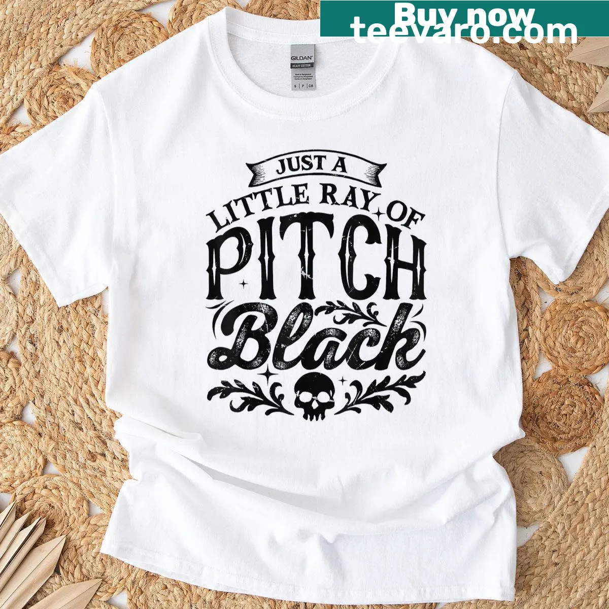 Spooky Halloween t-shirt with the phrase 'Just A Little Ray Of Pitch Black' in bold typography. — on a men's t-shirt