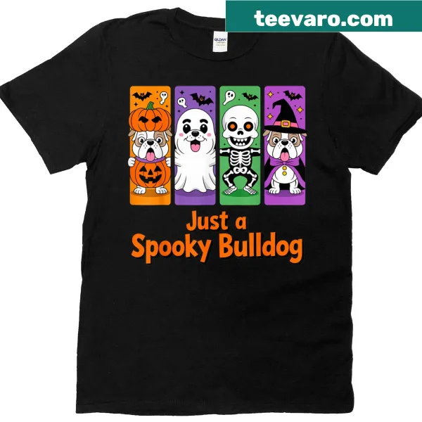 Cartoon bulldog in a spooky costume design for Halloween t-shirt
