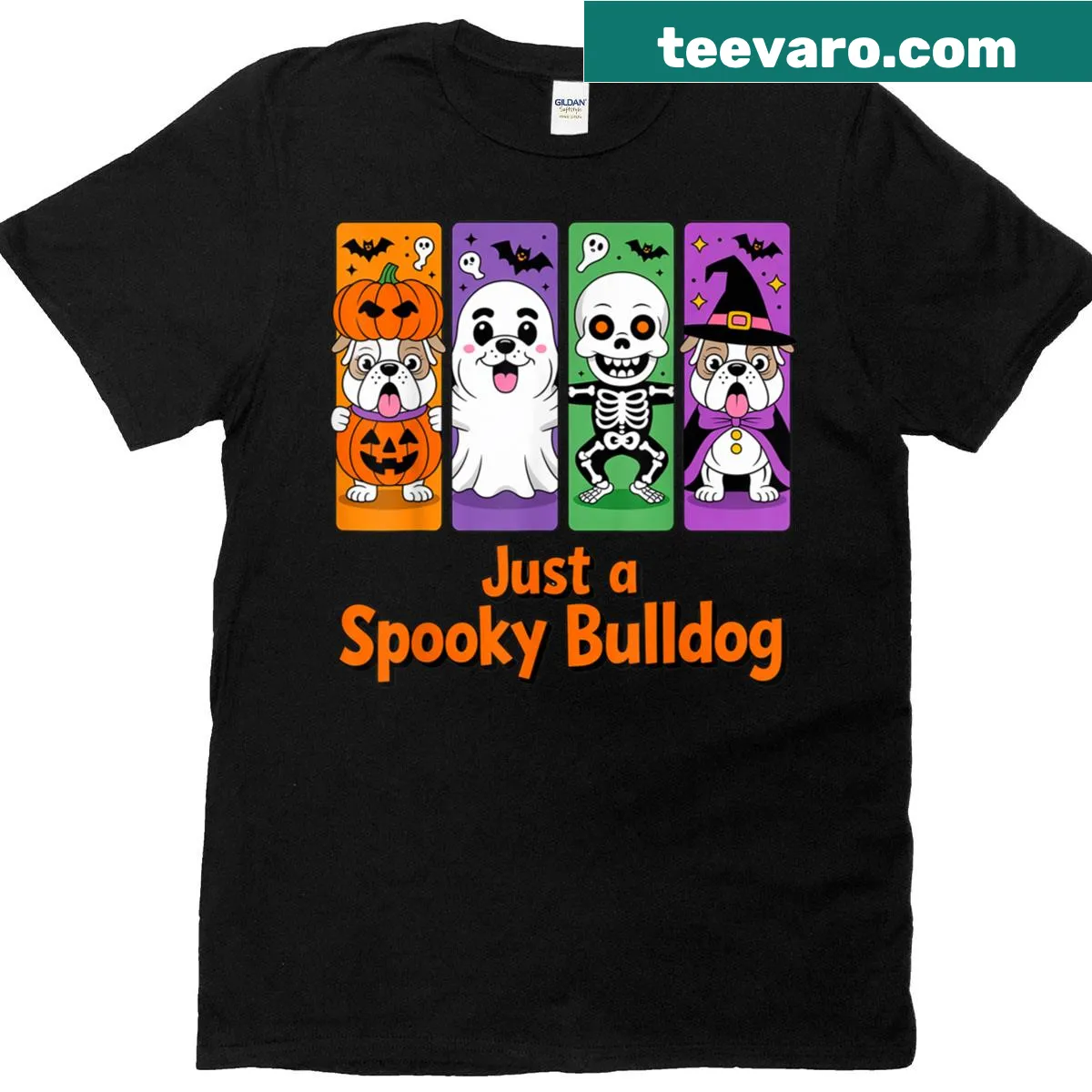 Cartoon bulldog in a spooky costume design for Halloween t-shirt — on a men's t-shirt