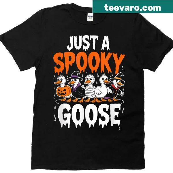 Cartoon spooky goose in a pumpkin patch Halloween T-shirt