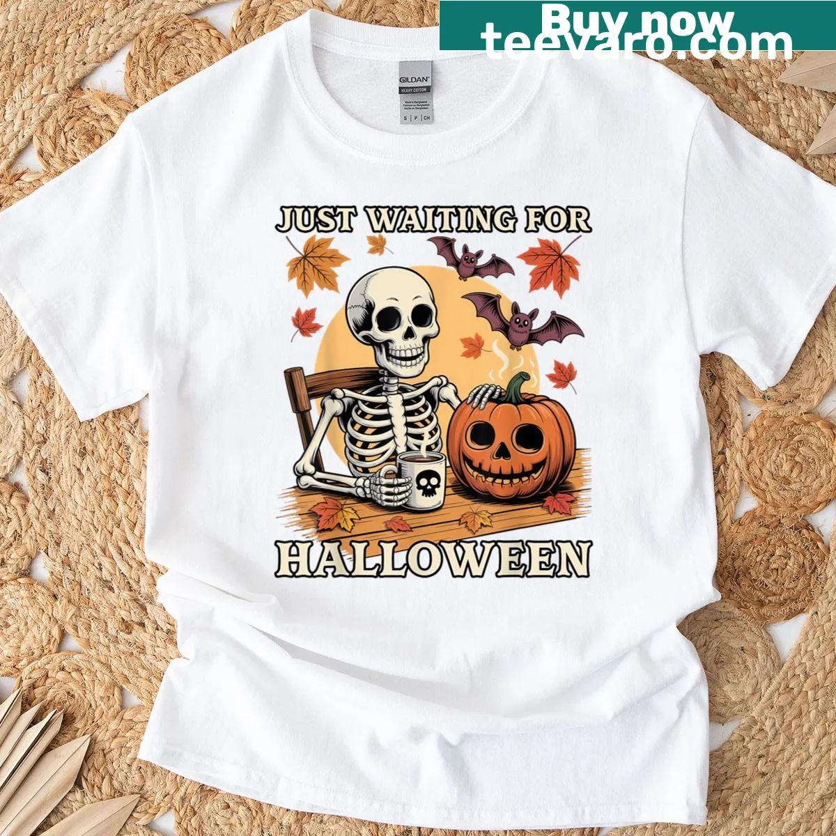 Coffee-themed Halloween t-shirt with a skeleton and Jack-o'-lantern design. — on a men's t-shirt