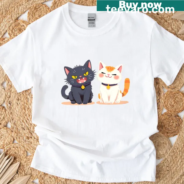Chibi cartoon illustration of an angry black cat and a happy orange tabby.
