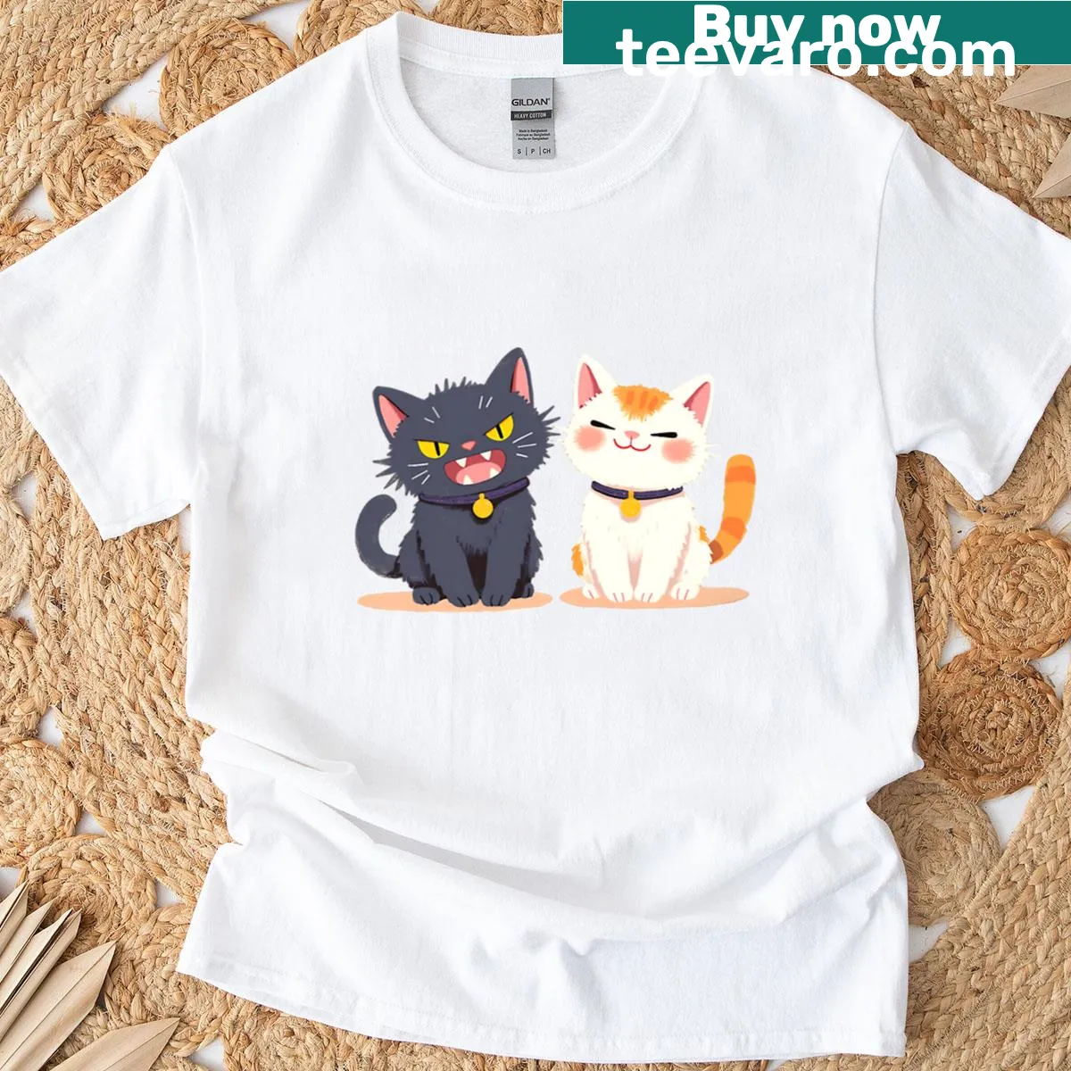 Chibi cartoon illustration of an angry black cat and a happy orange tabby. — on a men's t-shirt