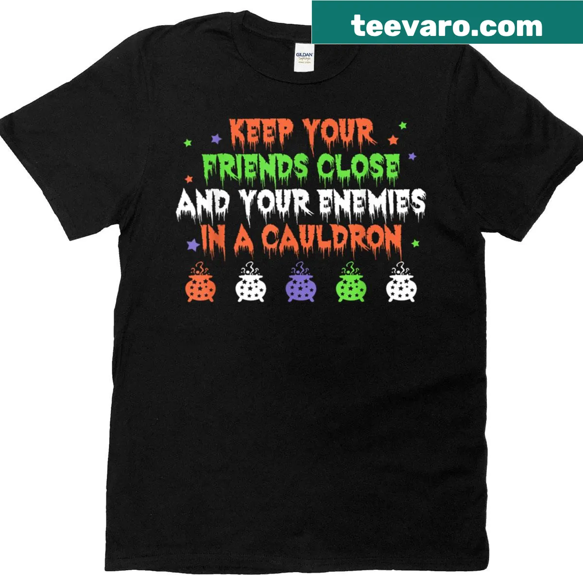Humorous t-shirt with saying about friends and enemies in a cauldron — on a men's t-shirt