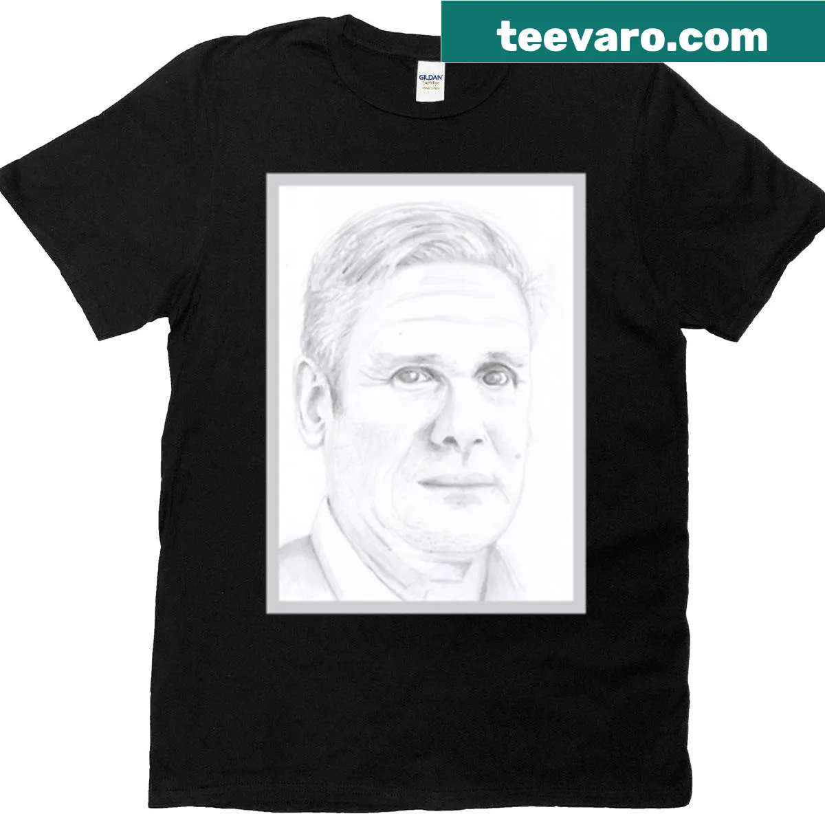 Satirical art T-shirt featuring a pencil portrait of Keir Starmer — on a men's t-shirt