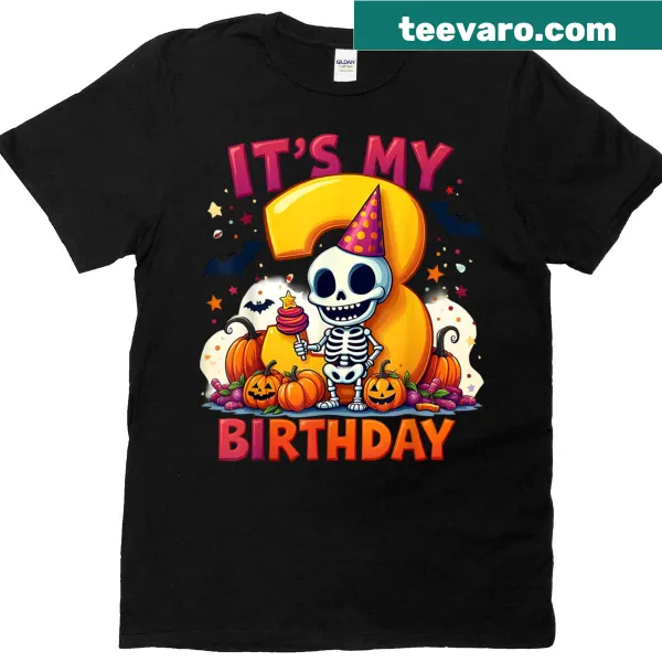 Cartoon skeleton on a T-shirt celebrating a 3rd birthday for Halloween.