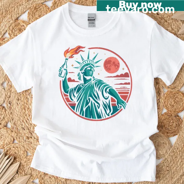 Bold graphic text of Lady Liberty on a T-shirt