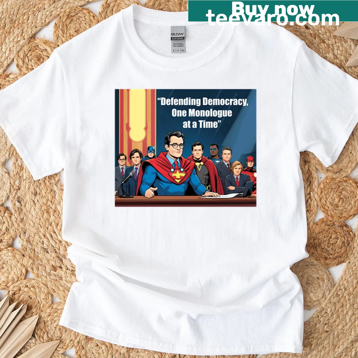 Comic art T-shirt featuring a superhero talk show parody in pop art style. — on a men's t-shirt