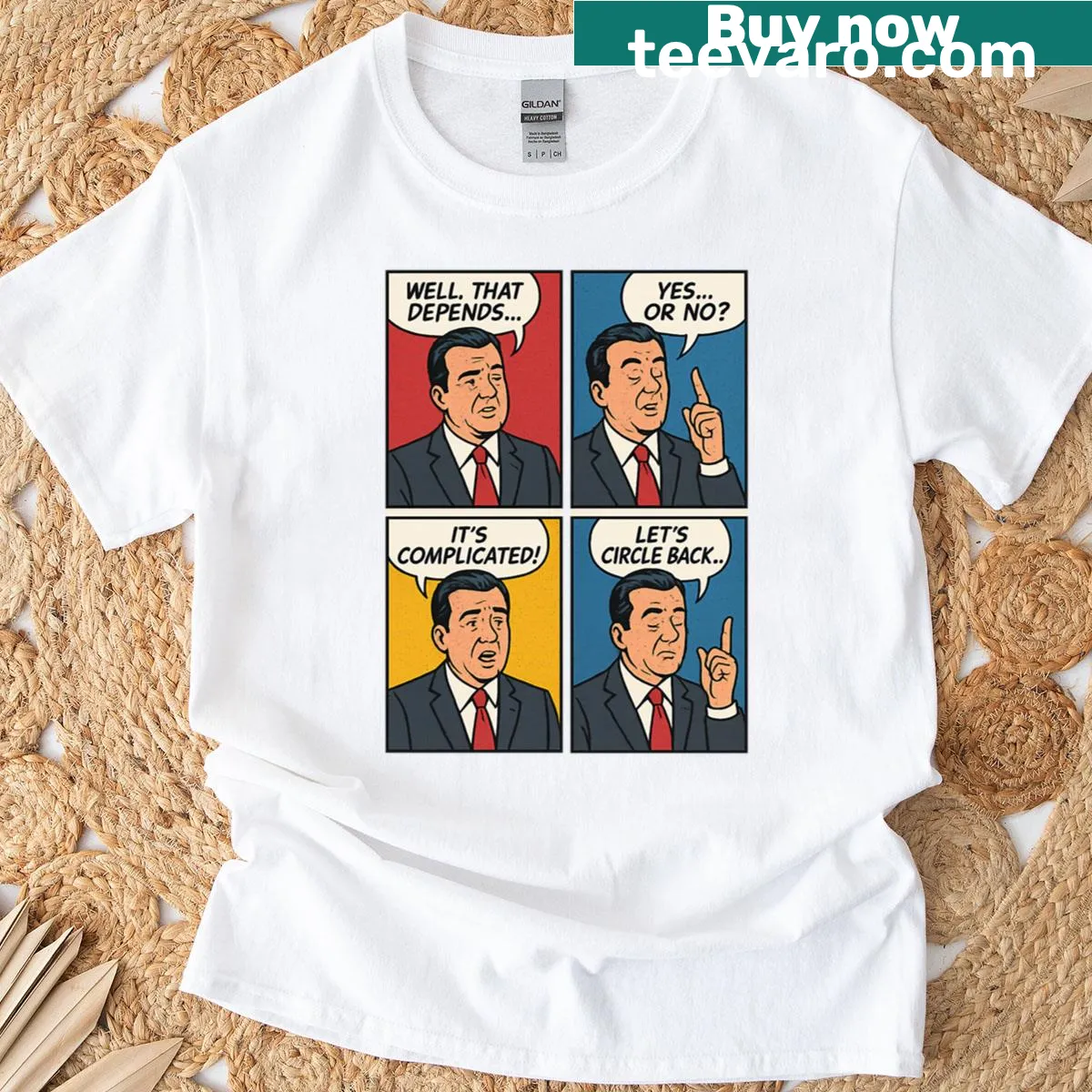 Comic strip political parody graphic on a T-shirt — on a men's t-shirt