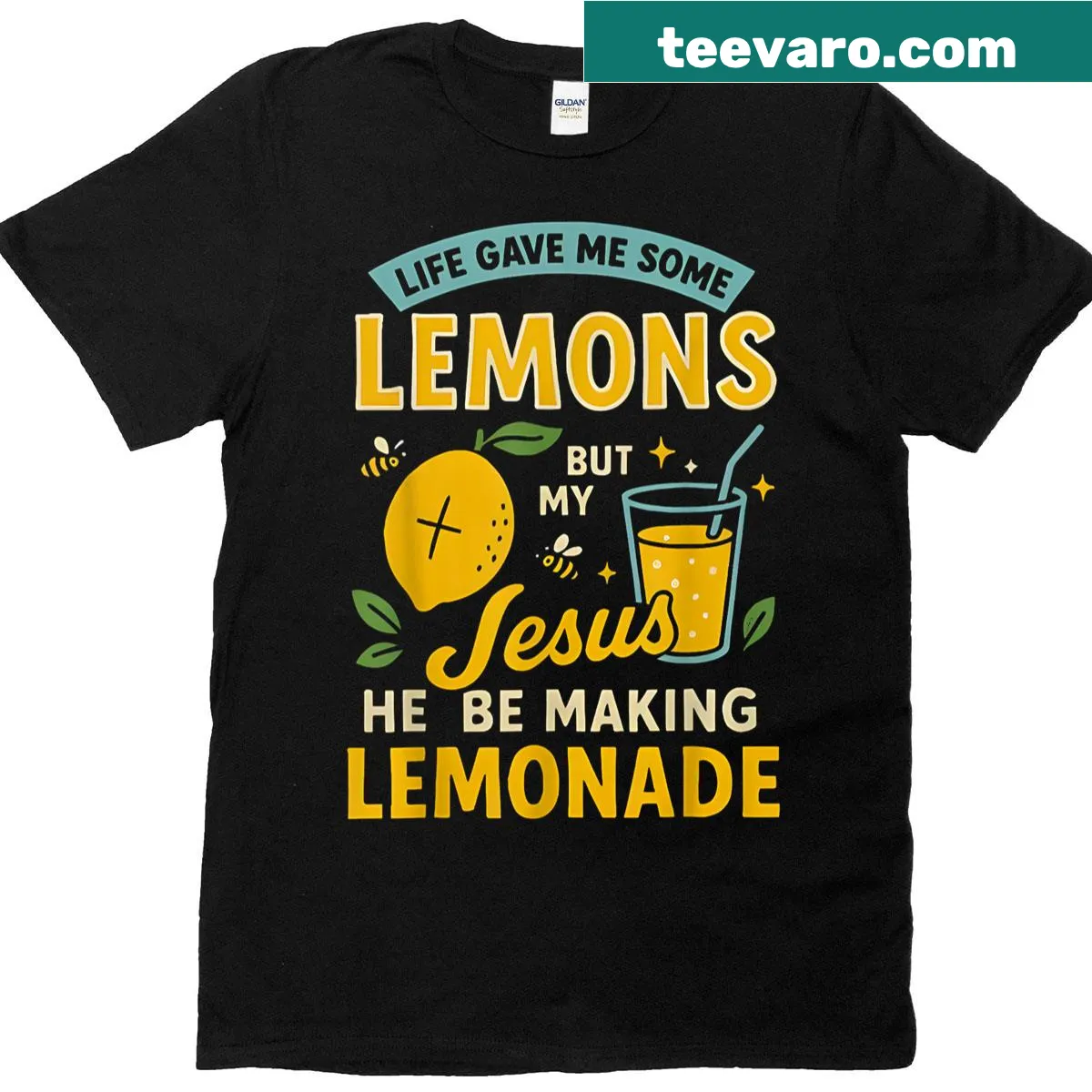 Humorous T-shirt with text about lemons and faith — on a men's t-shirt