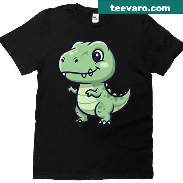 Cute T-shirt with a smiling, waving cartoon dinosaur
