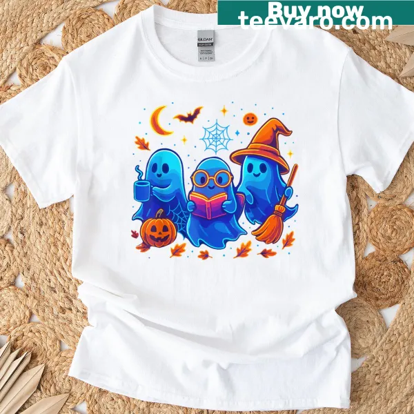 Cute ghost reading a book with coffee T-shirt