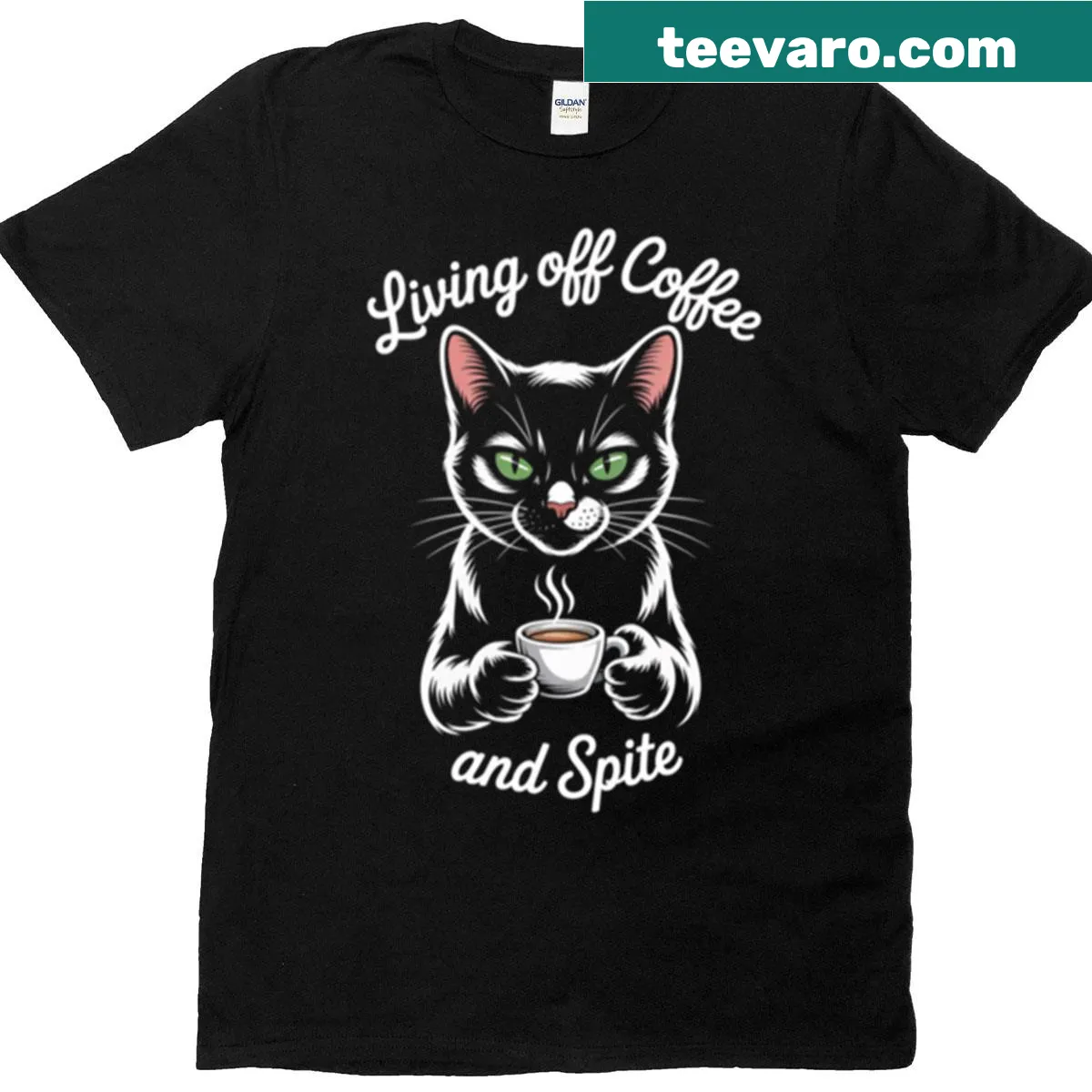 Humorous T-shirt with the phrase 'Living Off Coffee And Spite' — on a men's t-shirt