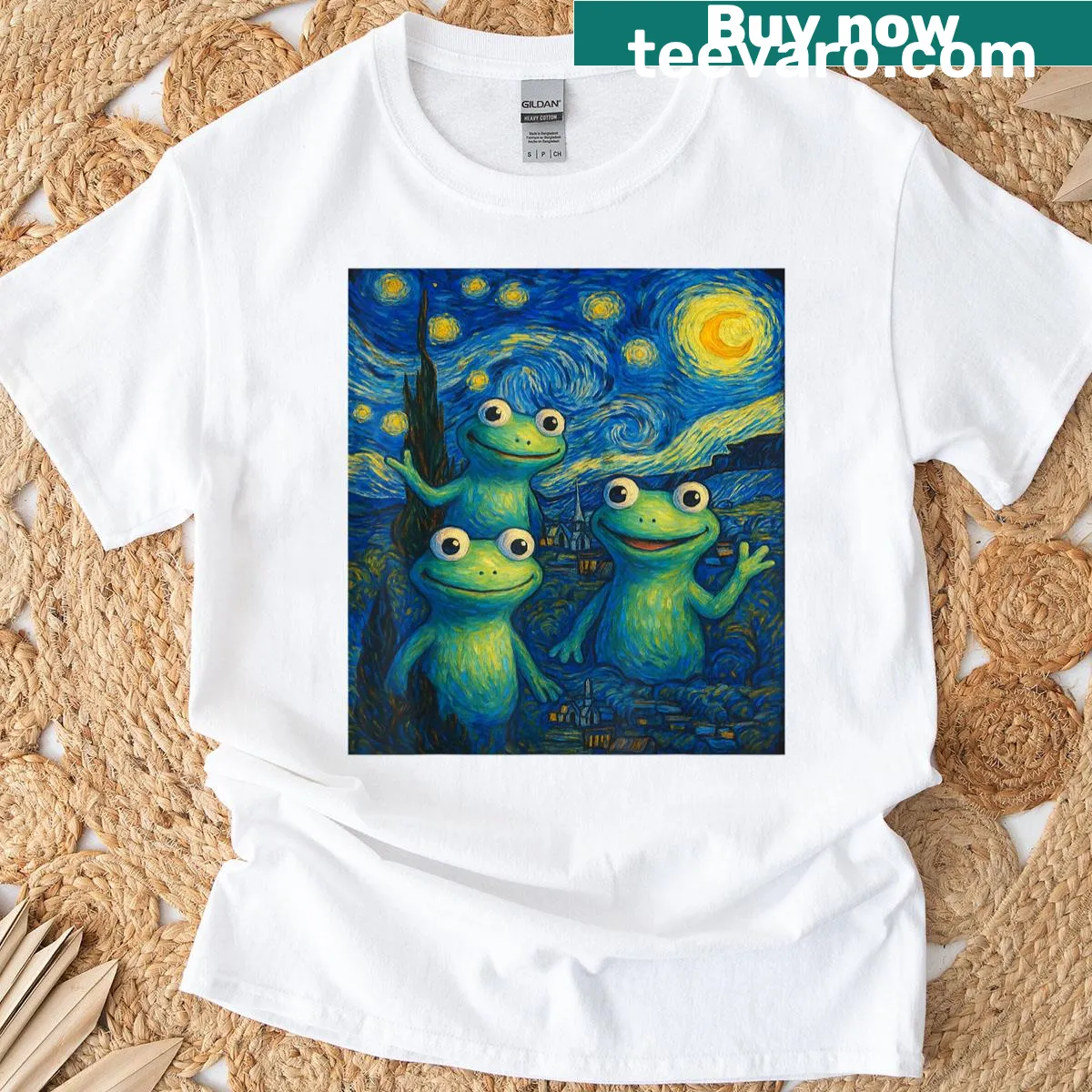 Cute lizard T-shirt inspired by Van Gogh's starry night — on a men's t-shirt