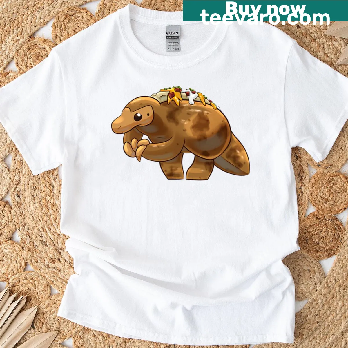 Cute oversized T-shirt with baked potato and pangolin illustration — on a men's t-shirt