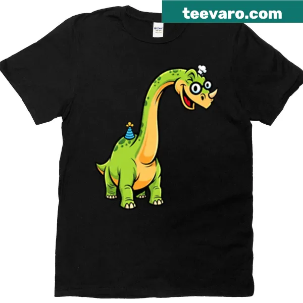 Cute cartoon dinosaur wearing a party hat on a T-shirt