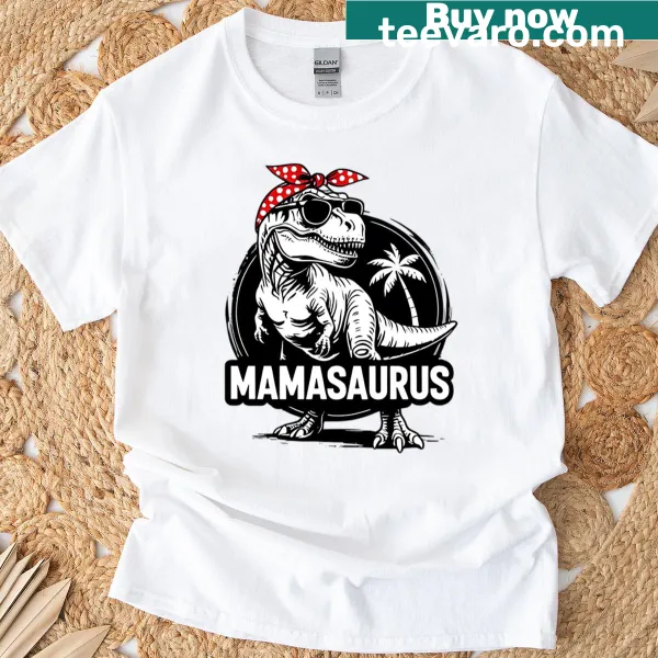 Cartoon T-rex mom graphic with sunglasses and bandana