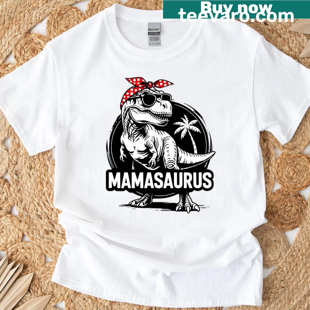 Cartoon T-rex mom graphic with sunglasses and bandana — on a men's t-shirt