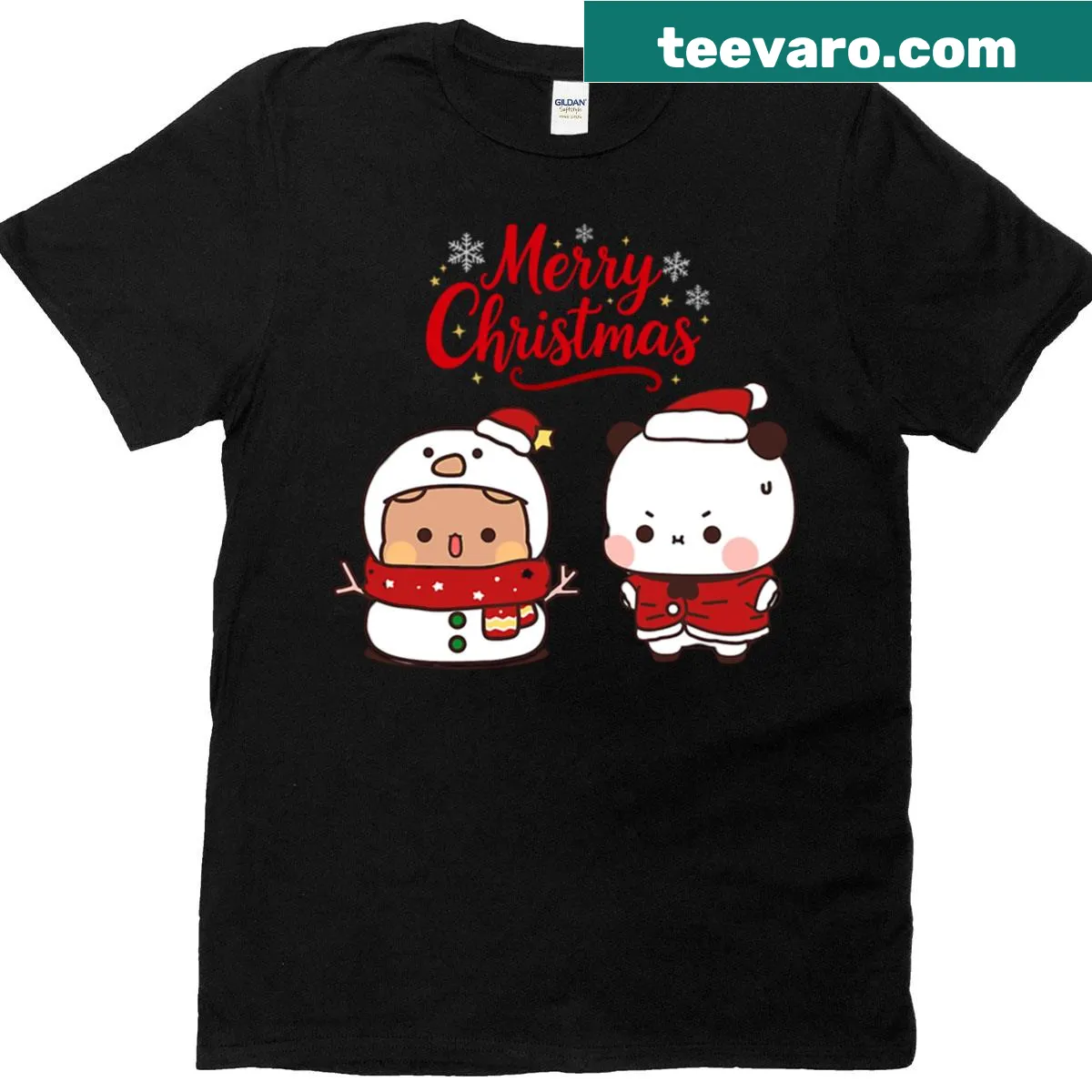 Cute Christmas couple t-shirt featuring Bubu Dudu Panda and Brownie Bear — on a men's t-shirt