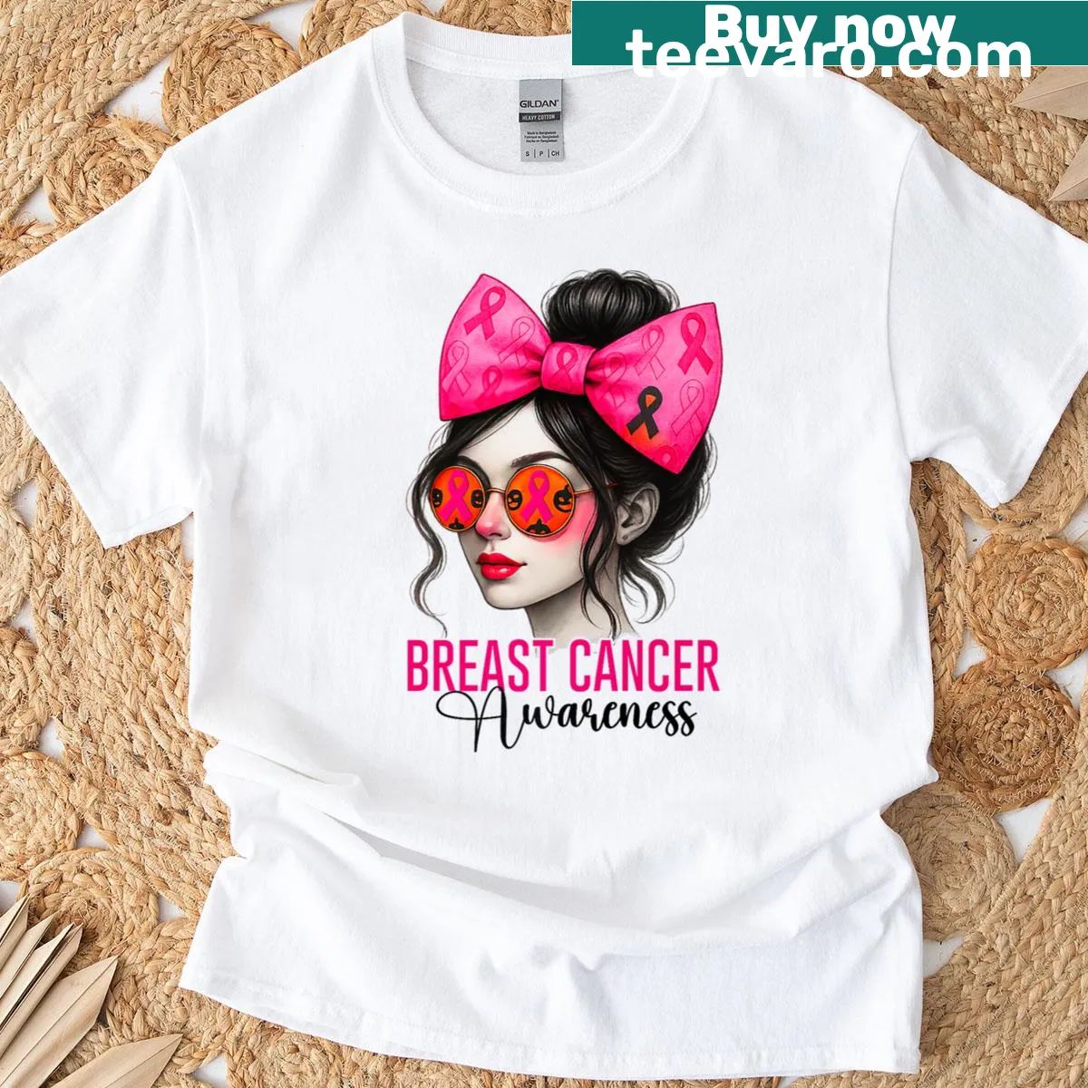 T-shirt celebrating breast cancer survivors with a messy bun girl design — on a men's t-shirt
