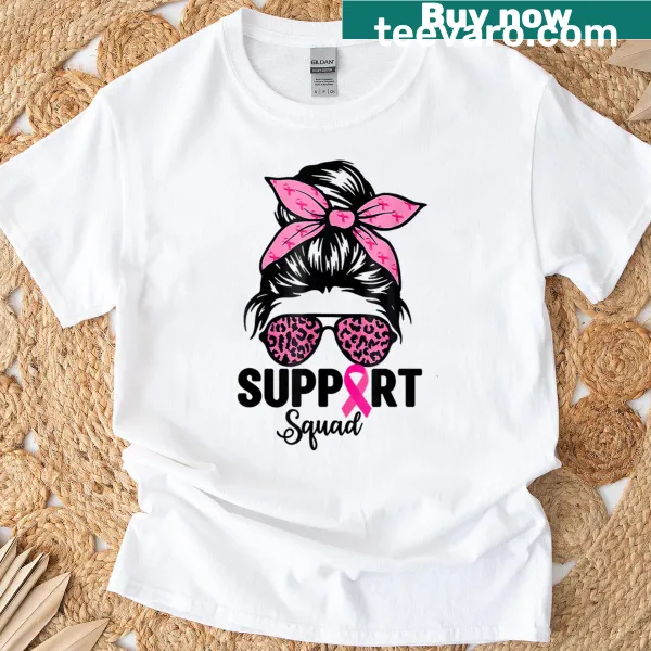 Breast cancer awareness T-shirt with messy bun and glasses graphic