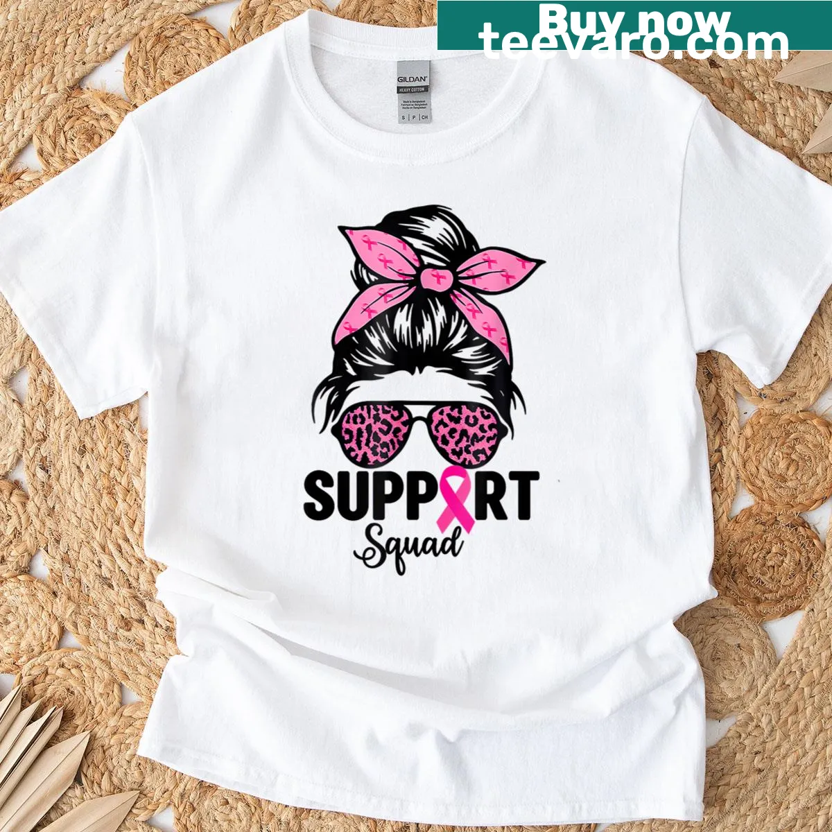 Breast cancer awareness T-shirt with messy bun and glasses graphic — on a men's t-shirt