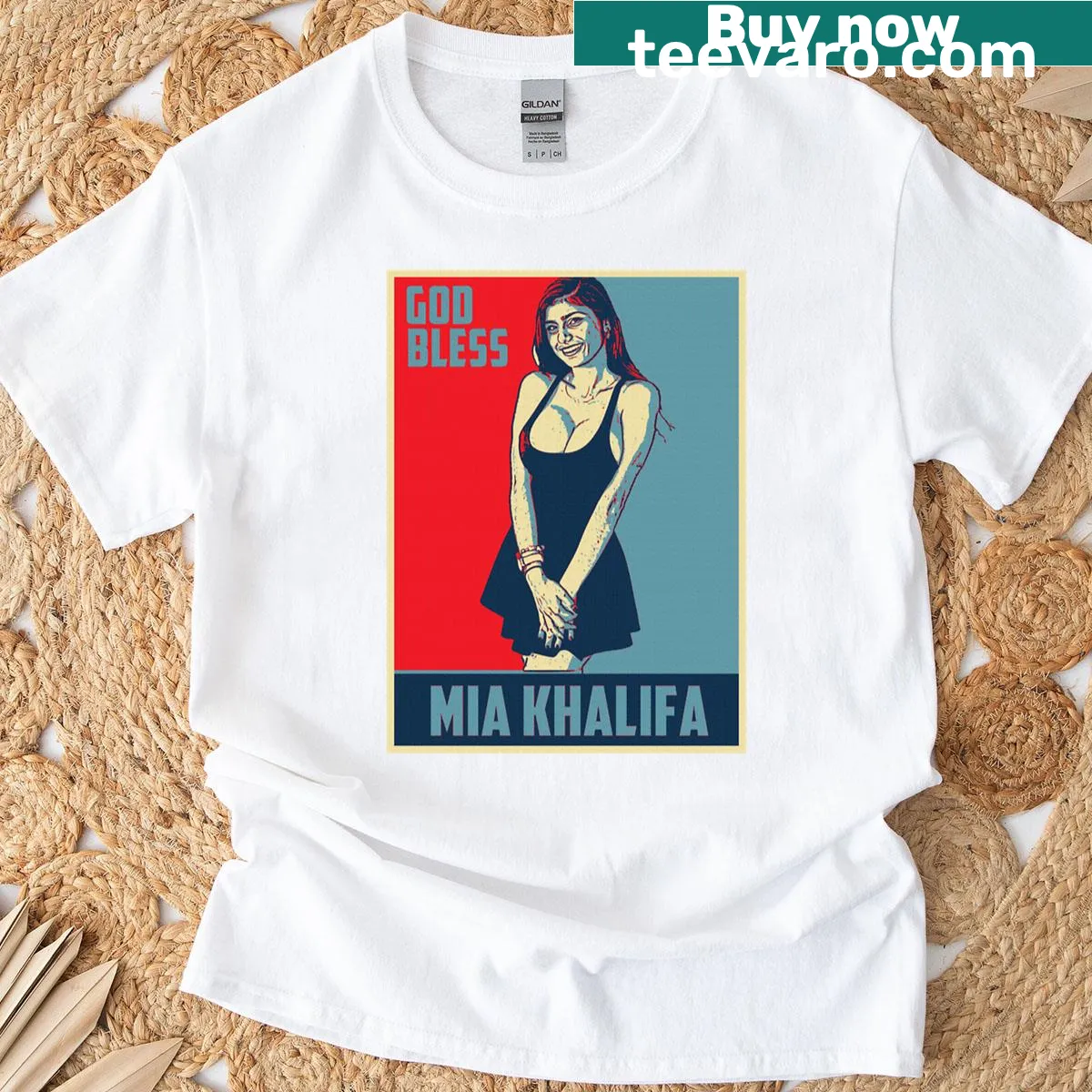 Pop art T-shirt featuring Mia Khalifa in a vibrant design — on a men's t-shirt