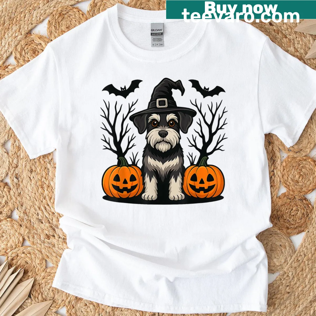 Cartoon Miniature Schnauzer in a witch hat for Halloween — on a men's t-shirt