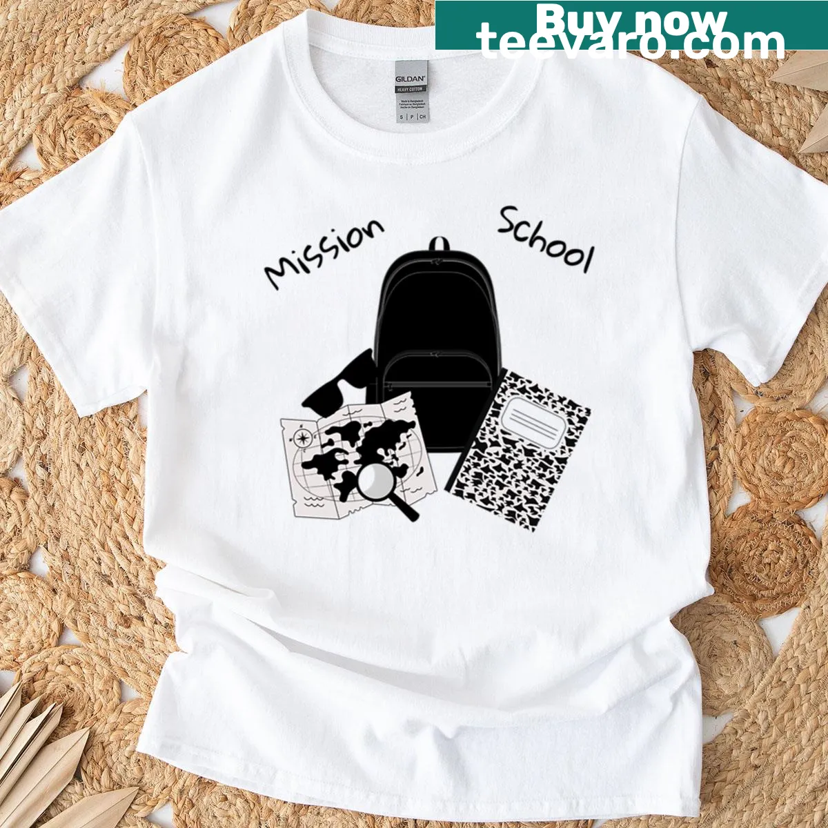 Oversized T-shirt with 'Mission School Special Agent' text — on a men's t-shirt