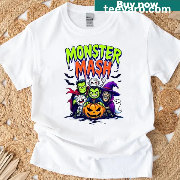 Cartoon T-shirt featuring monsters at a pumpkin party for Halloween