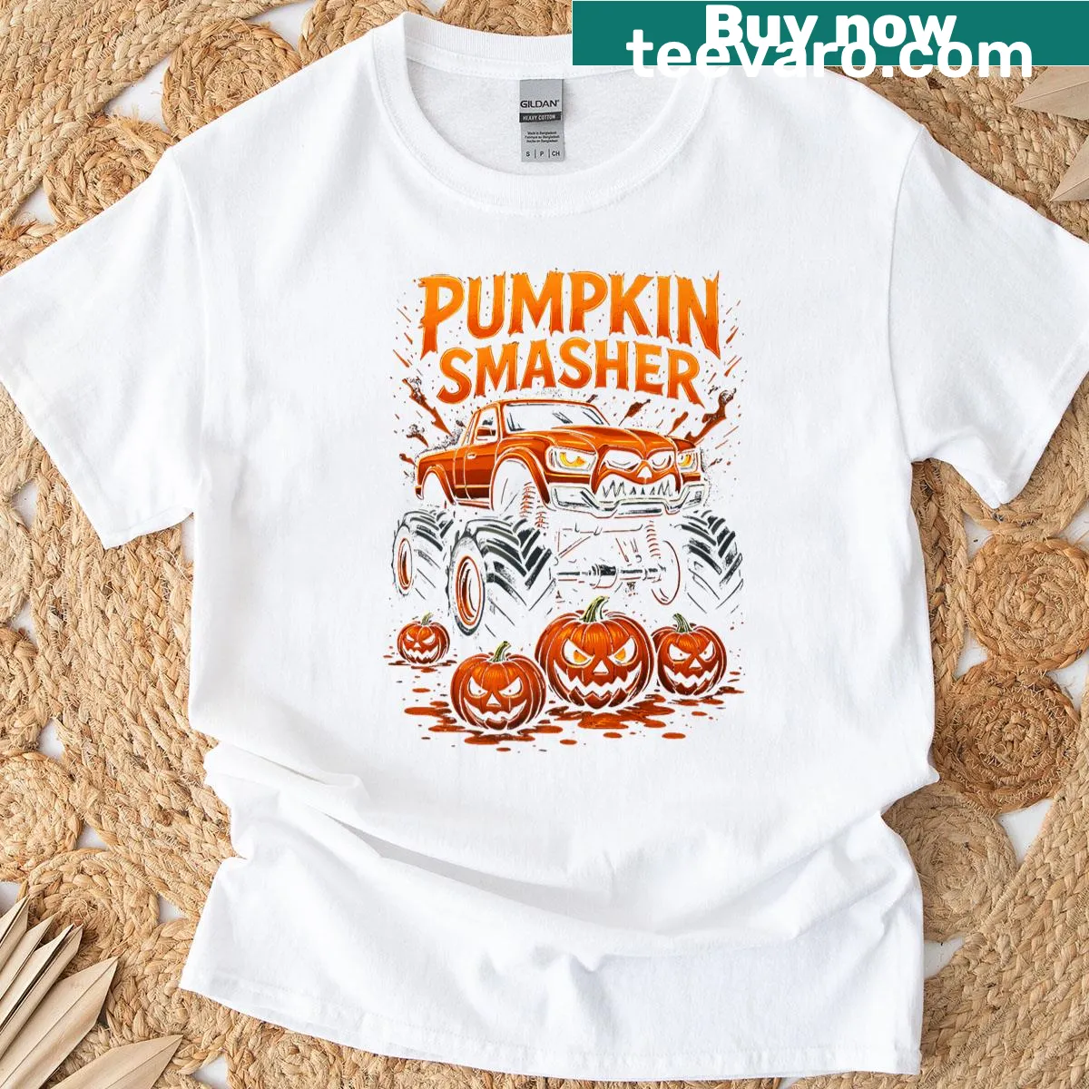 Kids Halloween t-shirt with monster truck smashing pumpkins graphic — on a men's t-shirt