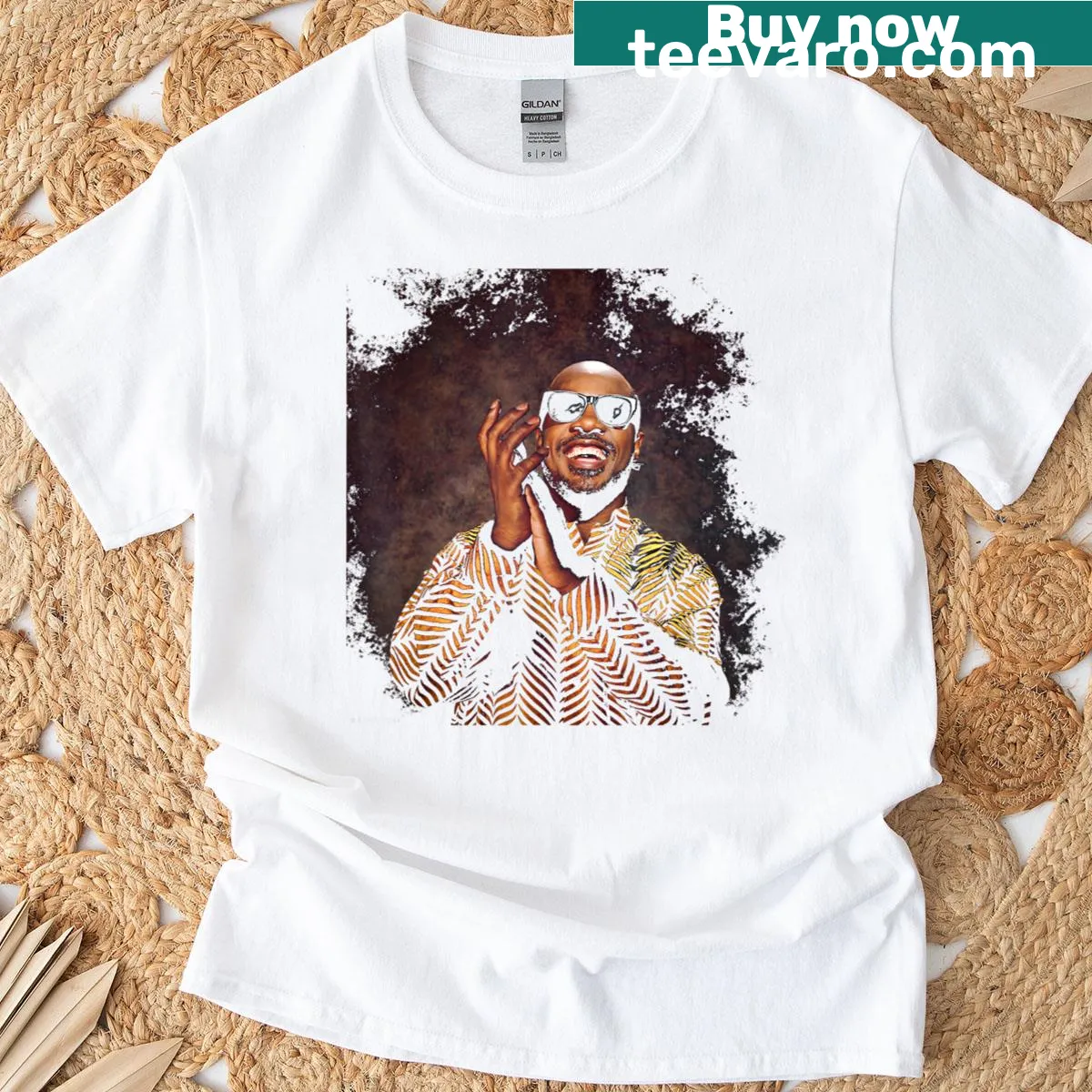 Portrait of Stevie Wonder on a T-shirt by photographer Michael Grecco — on a men's t-shirt