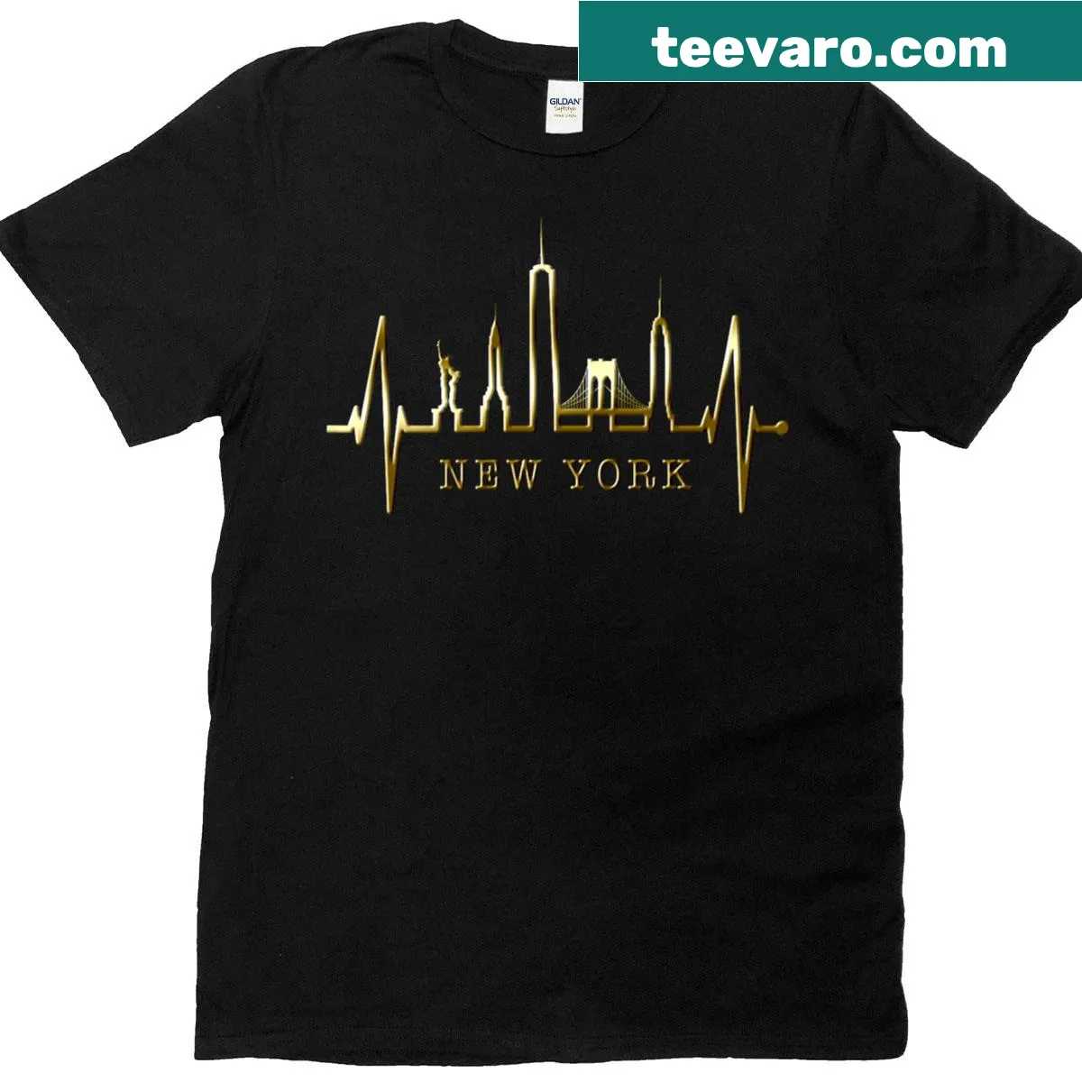 Premium T-shirt with New York skyline, heartbeat, and Statue of Liberty design — on a men's t-shirt