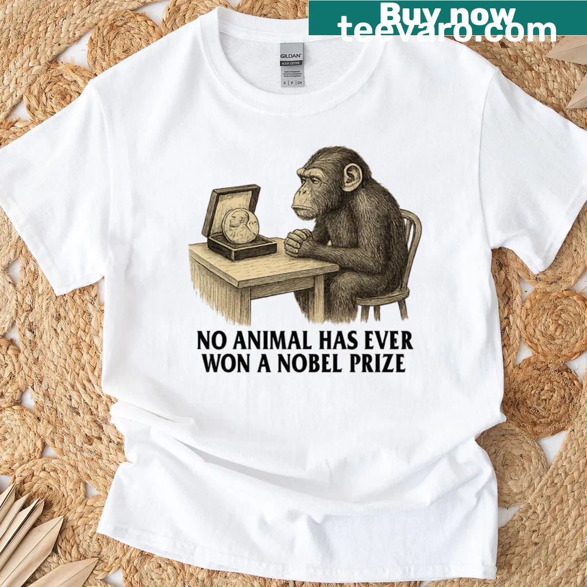 Thought-provoking graphic stating 'No Animal Has Ever Won A Nobel Prize' on a T-shirt — on a men's t-shirt