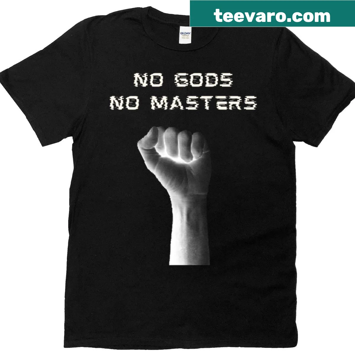 Bold anticapitalism graphic tee with the phrase No Gods No Masters. — on a men's t-shirt