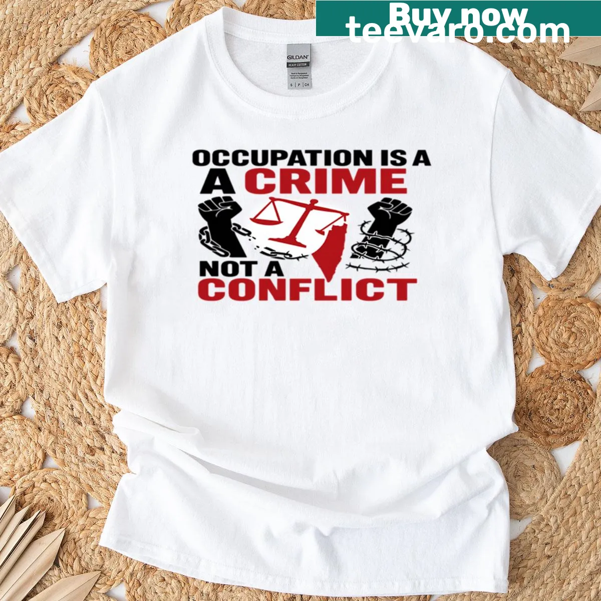 Bold protest T-shirt with Palestinian rights message — on a men's t-shirt