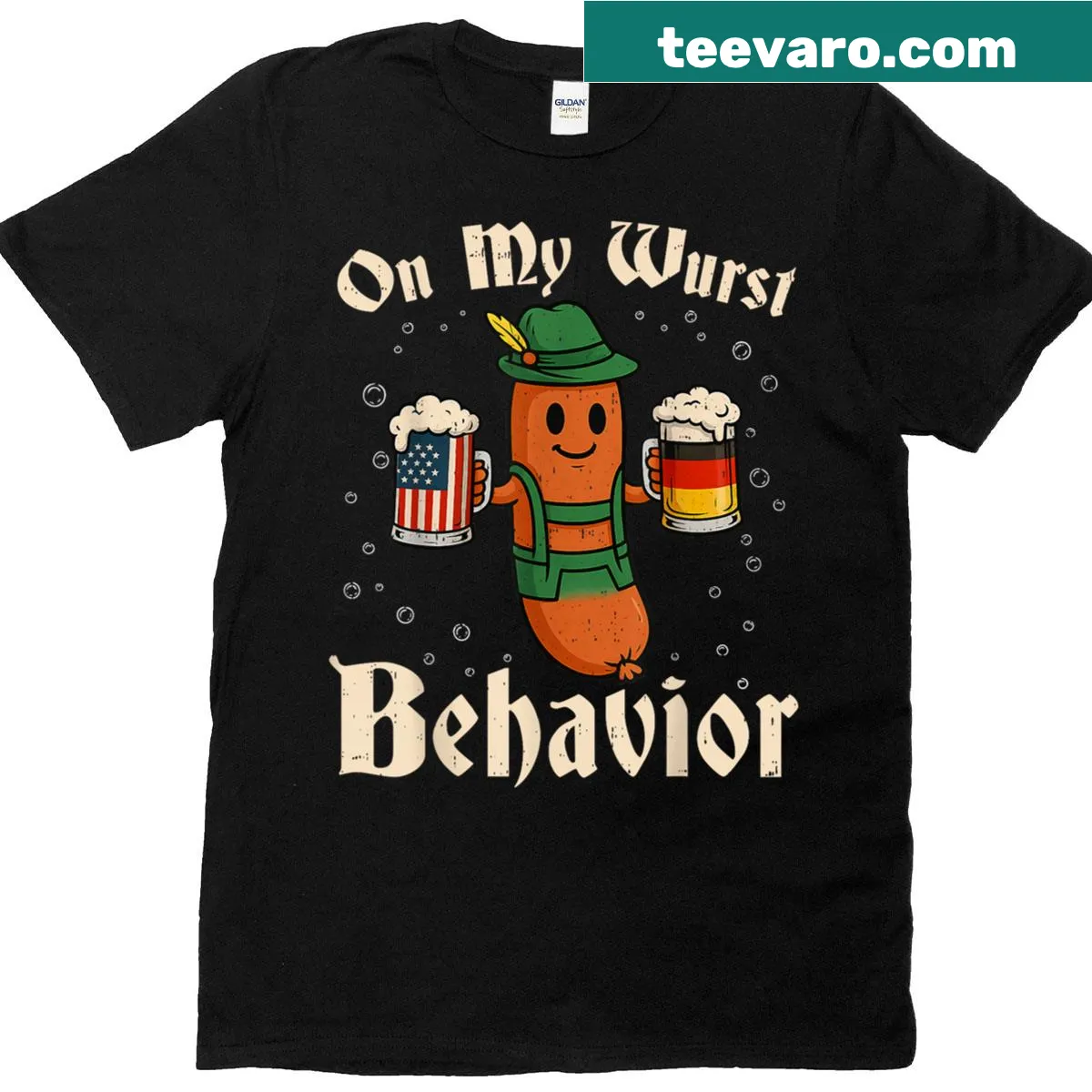 Funny T-shirt with the phrase 'On My Wurst Behavior' and festive graphics — on a men's t-shirt